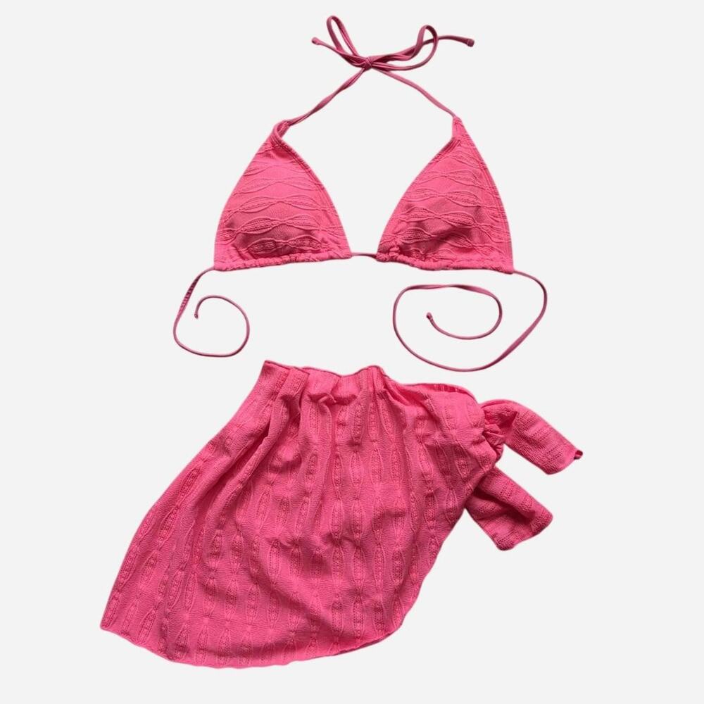 Pink Tropical Beach Summer Bikini Top And Wrap Skirt Set